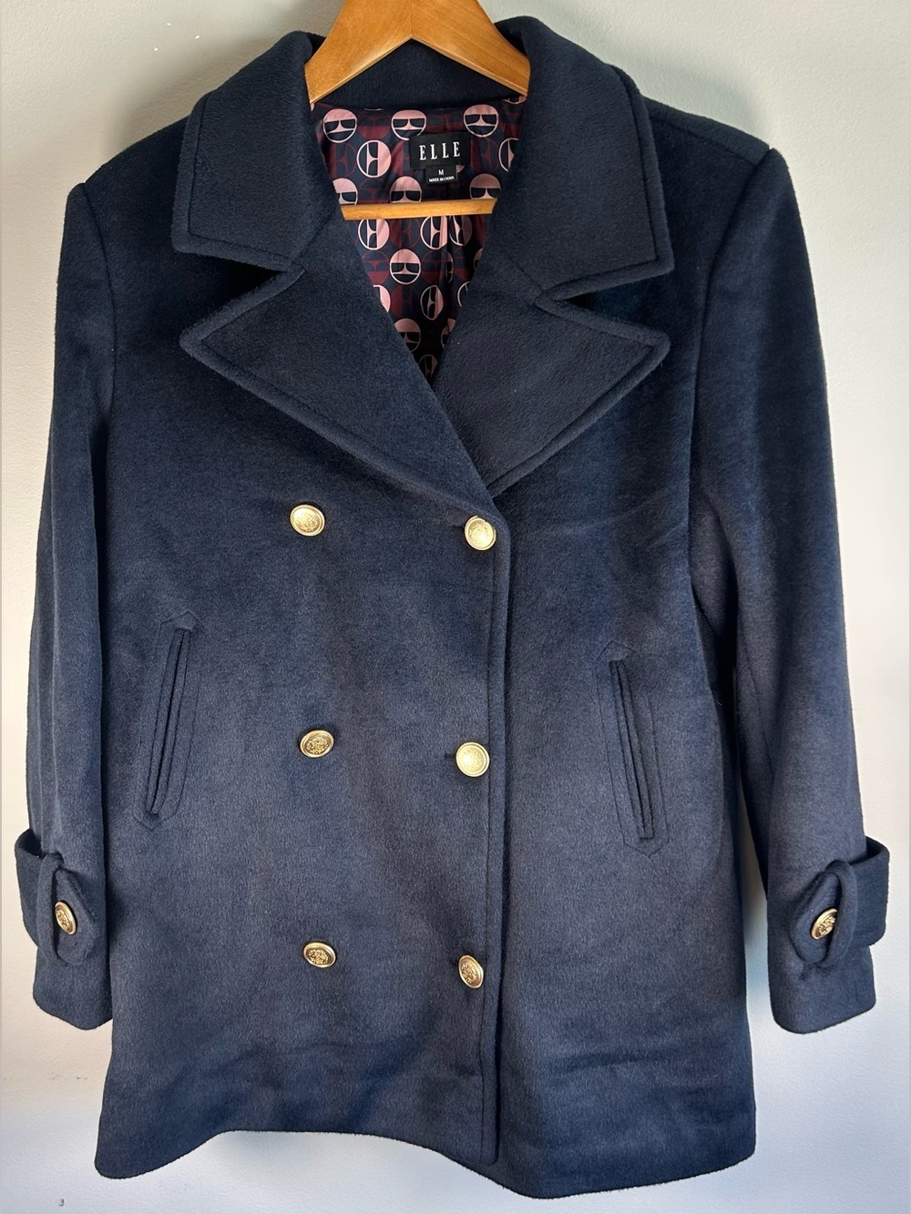 Elle Melton Women’s Pea Coat Double Breasted Gold Tone Buttons Wool Navy M NWT